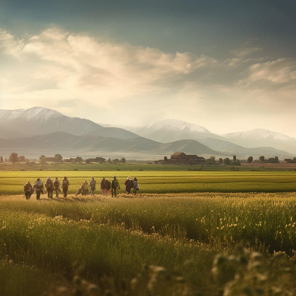 People gathered in countryside fields
